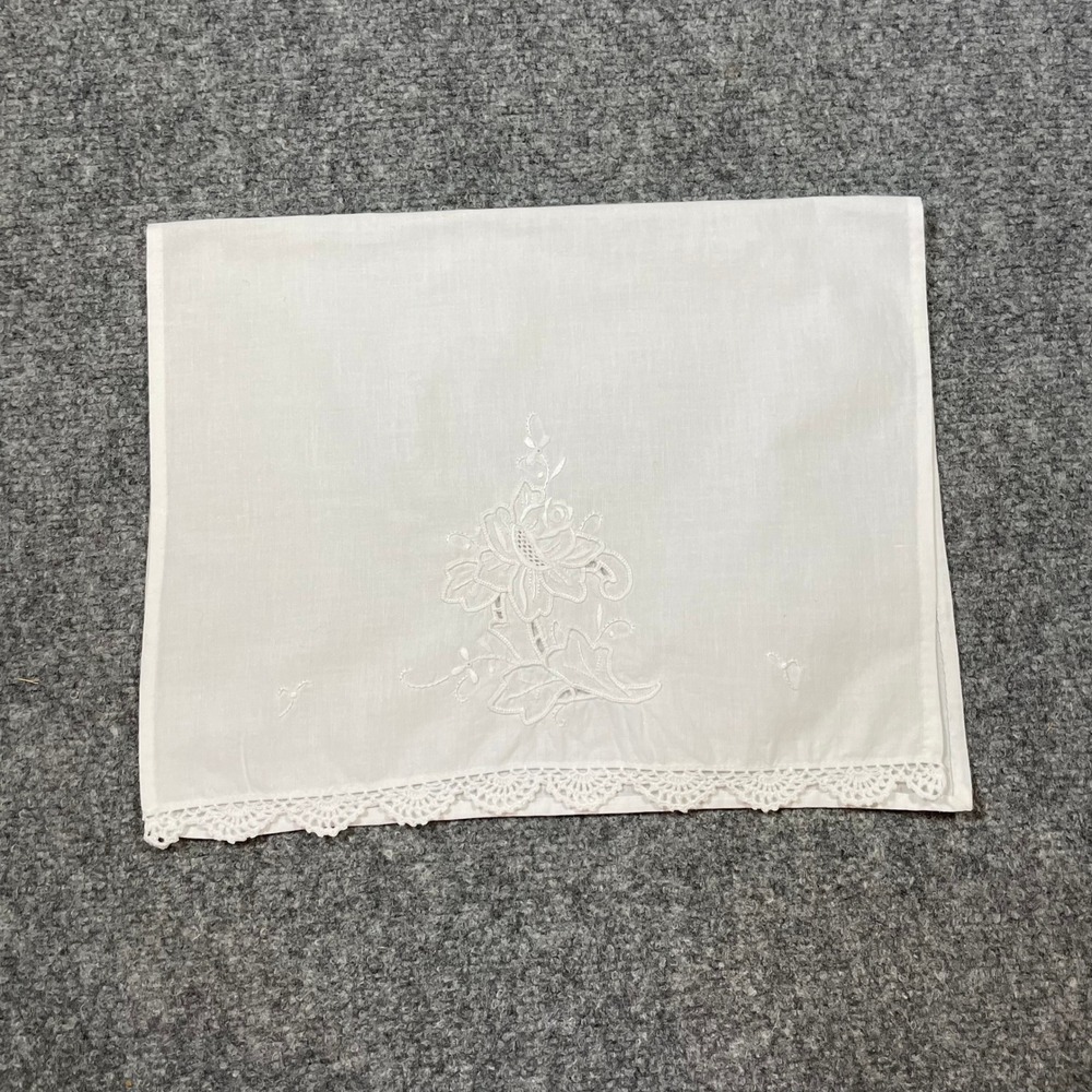 Antique Tea Towel White Vintage Floral Embroidered Lace Trim Cottagecore Bridal